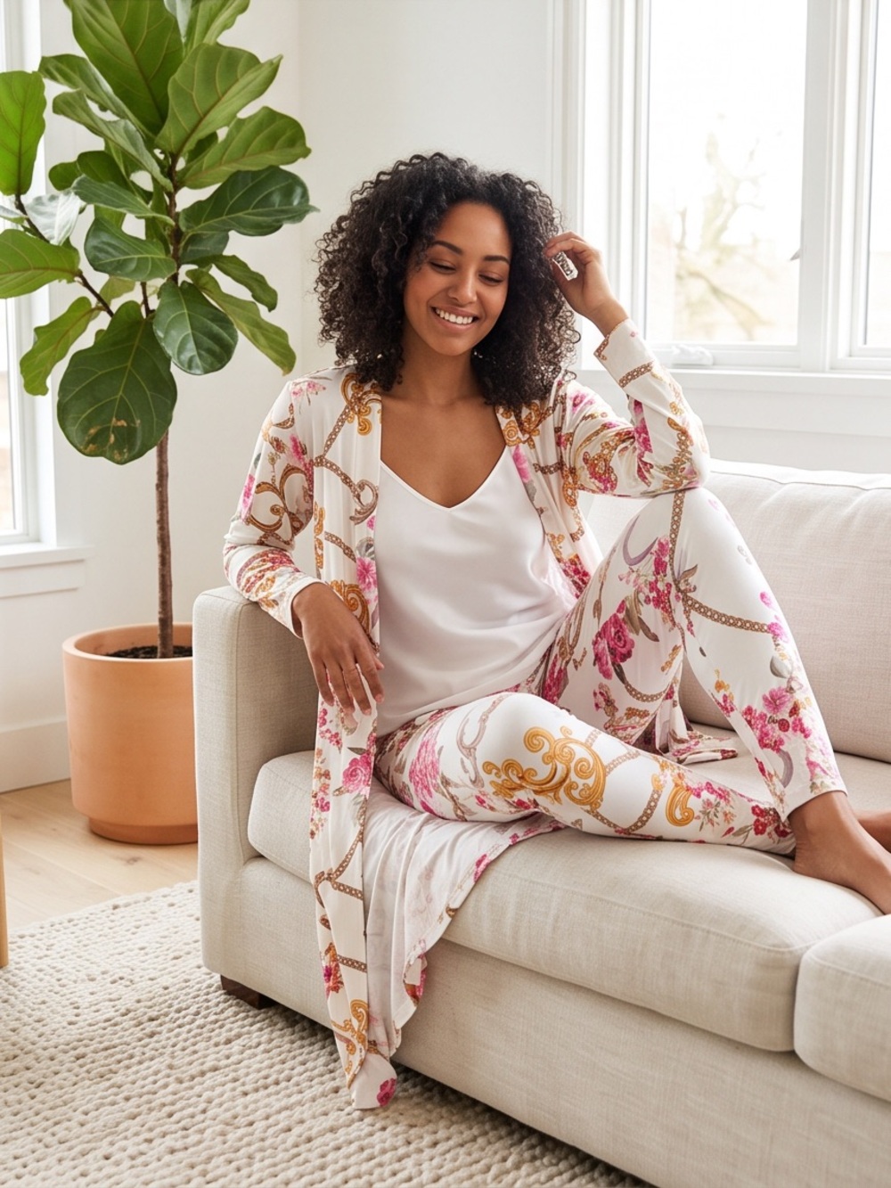 Girls' White Floral & Gold Chain Print Pajama Set